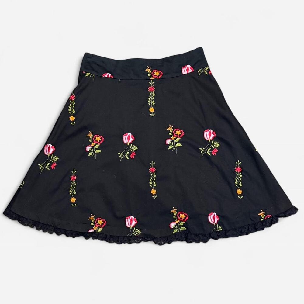 Lapis Black & Multicolor Floral Embroidered Lace Trim Lace Up Corset Midi Skirt - Picture 6 of 7